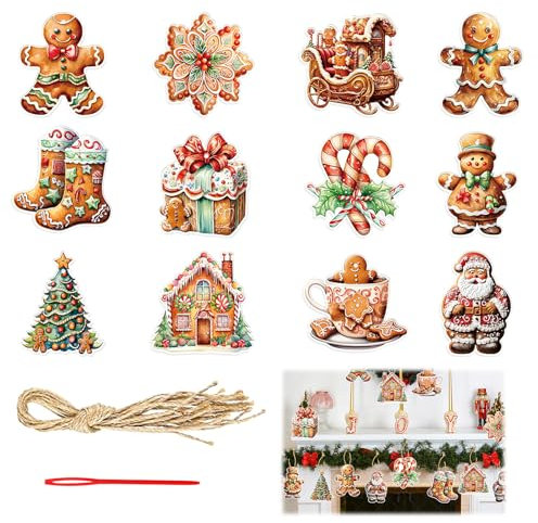 24pcs Adornos Colgantes Navidad Etiquetas, Decoración Navideña Árbol de Navidad Hombre de Jengibre, Manualidades Scrapbooking Regalos
