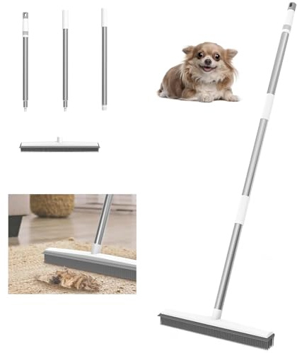 Rubber Broom, Indoor Floor Brush with Built in Squeegee, 120cm Stainless Steels Long Handle, 2 in 1 Floor Brush for Carpet, Soft Broom Indoor for Pet Cat Dog Hair Remover from Flooring Rug