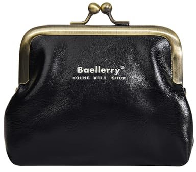 Amexo Leder Geldbörse Klein Portemonnaie, Vintage Münzbeutel mit Clipverschluss Kisslock, PU Geldtasche Tragbare Coin Purse Mini Münzbörsen für Damen Kinder (Schwarz)