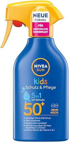NIVEA SUN Kids Schutz & Pflege Sonnenspray LSF 50+, hoher Sonnenschutz mit Panthenol, Vitamin C und E, extra wasserfestes Sonnencreme Spray für empfindliche Haut (250 ml)