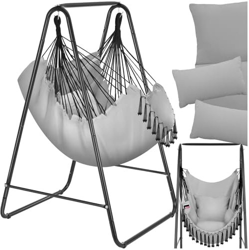 tectake® Hängesessel mit Gestell, Boho Korb, Deko Quasten, mit Sitz- und Rückenkissen, Hängesessel Outdoor und Indoor, Möbel für Garten, Terrasse, Wohnzimmer, Schlafzimmer Deko, Kindersessel - grau