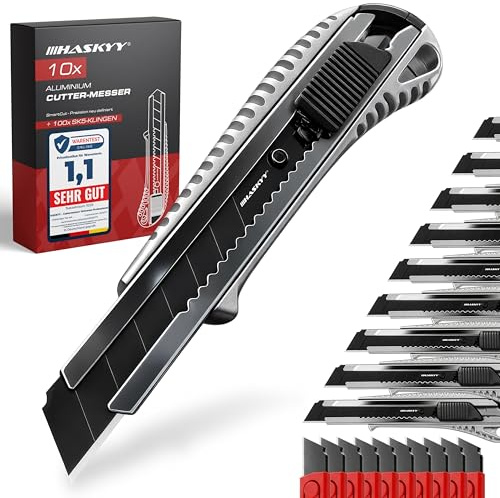 HASKYY Set med 10 professionella skärare med 100 SK5-blad 18 mm med 8 segment - snabbväxlingssystem, ergonomisk räfflad kropp, gummiskyddsområde och bladbrytare