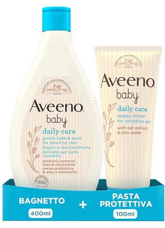 Aveeno Baby Daily Care Set Neonato con Pasta Cambio Pannolino 100 ml con Ossido di Zinco ed estratto di Avena e Bagnoschiuma neonato 400 ml per la detersione della pelle sensibile – Esclusiva Amazon