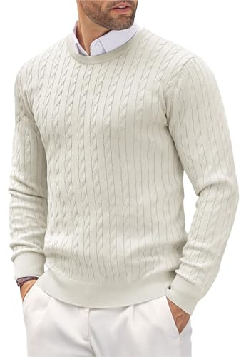 Generisch Maglione a maglia da uomo in cotone, Pullover Slim Fit Elegante Felpa Motivo a Treccia Cardigan Manica Lunga Girocollo Felpe Leggera Comoda Felpa Tempo Libero Versatile Giacca Felpa, bianco