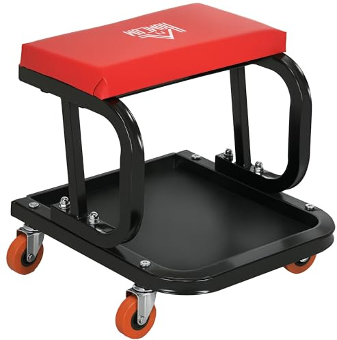HOMCOM Taburete de Taller Móvil con Ruedas, Asiento Taburete para Mecánico con Bandeja para Herramientas y Estructura de Acero, Carga 100 kg, para Garaje, Reparación de Coches, Rojo