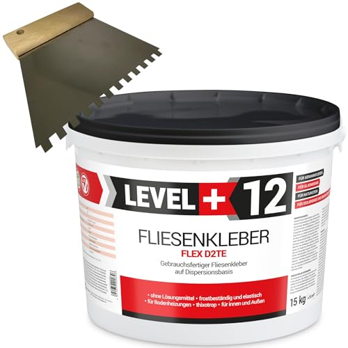 Level Plus 12 färdig kakellim 15 kg tandspatel 6 mm rostfritt stål stenlim flexmurbruk vitt dispersionslim SET RM12