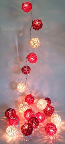 GURU SHOP Rottingboll LED-kula Lampa Ljuskedja Ledslinga – röd/brun/vit, 7 x 7 x 350 cm, Ljuskedjor