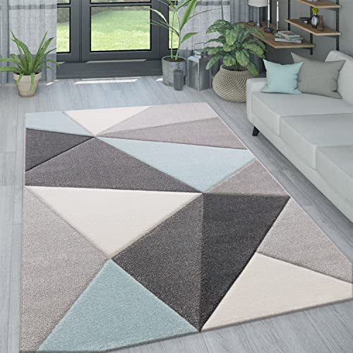 Paco Home Wohnzimmer Teppich in Pastell Farben, Moderne Rauten Dreieck u. Zick-Zack Muster, Grösse:200x290 cm, Farbe:Türkis