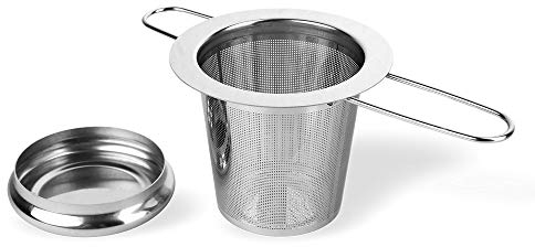 Schramm® Edelstahl Teesieb mit Deckel Abtropfschale Teefilter ideal für losen Tee passend für Tasse und Kanne mit langem Griff faltbar