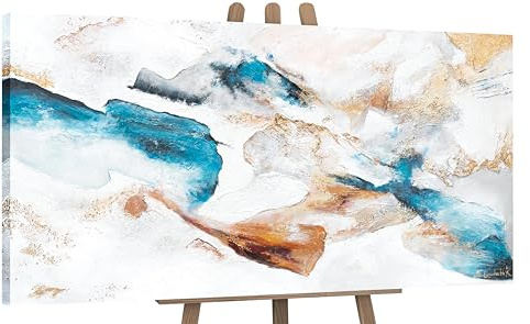 YS-Art Cuadro pintura abstracta hecho a mano Esmeralda Colores blancos y azules saturados con dorado Pintado en acrílico Arte moderno 200x100 cm