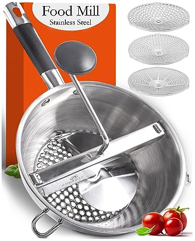Food Mill Stainless Steel with 3 Discs - Best Rotary Food Mills for Tomato Sauce, Potatoes, Baby Food or Canning - Soft Silicone Handle and Dishwasher Safe - Includes 21 Digital Recipes with Videos