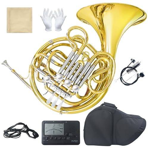 Double French Horn (Fb/Bb) 4 Keys Gold Lacquer - Intermediate Brass Instrument with Case, Mouthpiece and Cleaning Kit - Complete Accessory Kit for Concert Band and Solo Performance (Gold)