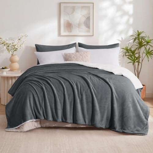 Aisbo Sherpa Fleece Throw Blanket Dark Grey - Fluffy Thick King Size Blanket Extra Large Throw for Bed, Warm Soft Solid Microfiber Throws for Couch Sofa, 230x270cm