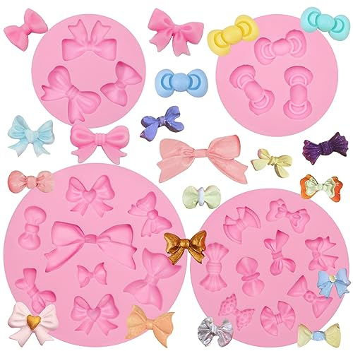 Bows Silicone Molds 4 Pcs, Bow Fondant Sugar Mould Craft Molds Mini Bow Chocolate Mold for Cake Decoration Candy Sugar Cupcake Topper Cake Pop Popsicle Polymer Clay Crafts