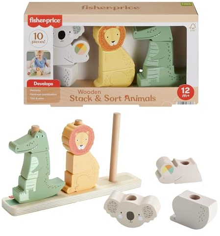 Fisher-Price Wood Baby Toy Stack & Sort Animals, 10 Wooden Pieces for Developmental Play for Infants & Toddlers Ages 1+ Years