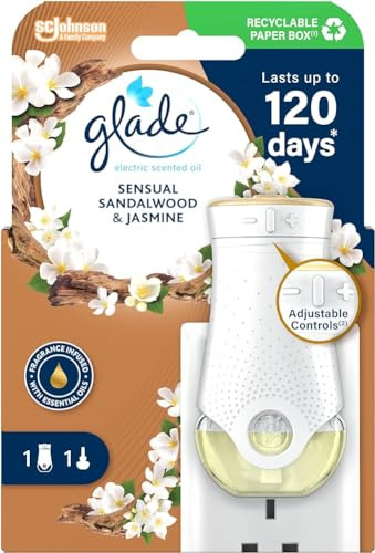 Glade Plug in Air Freshener Holder and Refill, Electric Scented Oil Room Air Freshener, Sandalwood & Jasmine, Starter Kit, (1 x Holder and 1 x 20 ml Refill)