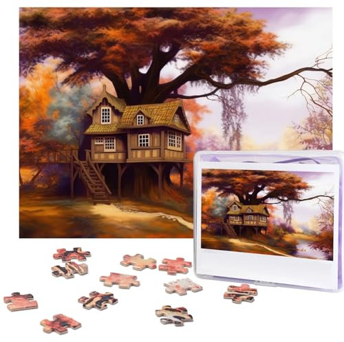 Ölgemälde-Baumhaus-Puzzle, 500 Teile, mit Aufbewahrungstasche, personalisierte Puzzles für Männer und Frauen, Bilderpuzzle für Familie, anspruchsvolle Fotos, Puzzle für Heimdekoration (51,8 x 38,1 cm)