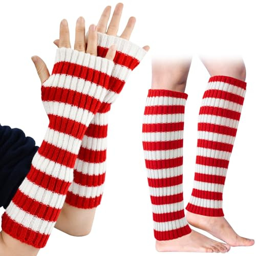 DTYGUIXE Set de Calentadores de Piernas para Mujer y Guantes de Punto para Mujer de Rayas Roja y Blanca Calentadores de Piernas y Guantes Largos Calentitos para Baile Yoga Deportes al Aire Libre