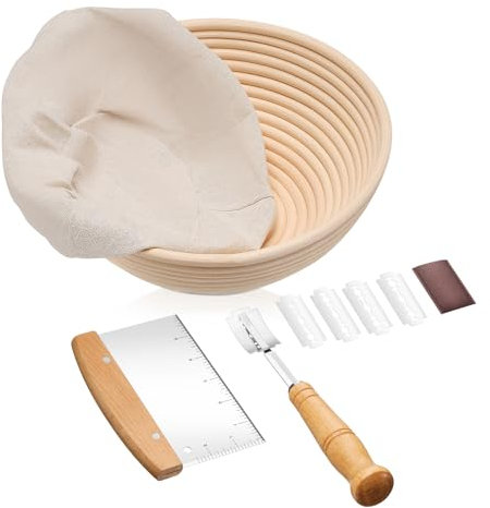 HaWare Natural Rattan Bread Proofing Basket, 10inch Round Sourdough Proving Basket with Liner, Bread Lame, Dough Scrape, 25x8.5cm, Healthy & Non-Toxic