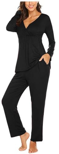Générique Ensemble de Pyjama Maternité Coton Pyjama de maternité Couleur Unie Longue Vêtements de Nuit Grossesse Pyjama Chaud Allaitement (Noir, M)