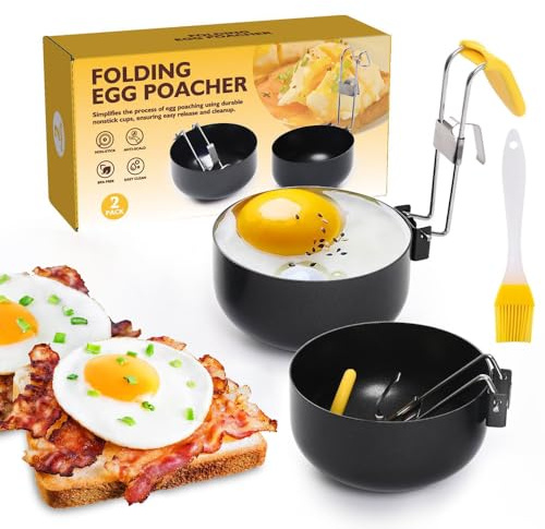 Egg Ring, Egg Boiler Poached, Pack of 2 Stainless Steel Egg Rings | Collapsible Hang with an Oil Brush Non Stick Coating for Egg Frying Shaping Pancakes Mini Burger