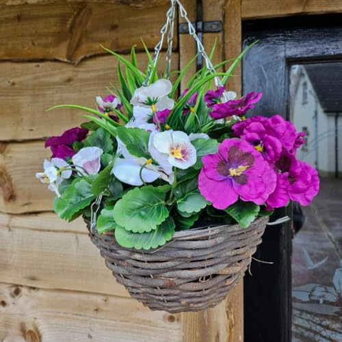 Best Artificial 10 Wicker Rattan Basket with 30cm Pansy Flower Display - Suitable for Outdoor, Indoor and Garden (Multi Listing) (Purple & White)