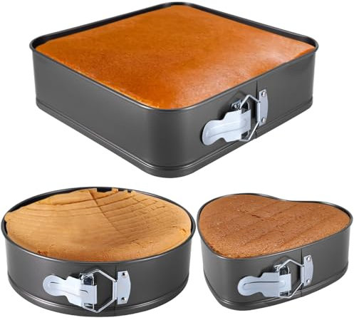 Springform Cake Tins, Springform Baking Trays Non-Stick Cake Pan Carbon Steel Loose Bottom Cheesecake Set Cake Tins, 3PCS Heart-Shaped/Round/Square Baking Pans for Pies/Sponge/Moussecake/Bread