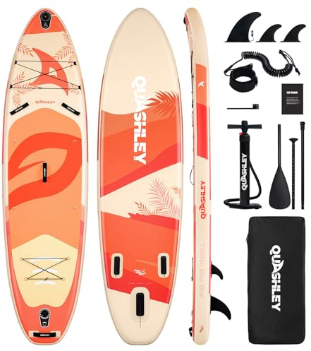 Quashley Inflatable Paddle Board 11ft 34 inch Extra Wider Stand Up Paddle Board Stable Inflatable SUP with 10L Waterproof Bag,Pump,Paddle,3 Removable Fins Red Landform