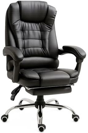 RMF Silla de Oficina Ergonómica Profesional Reclinable, Silla de Escritorio Cómoda y Relajante con Reposapiés - Sillón Relax con Ruedas Giratorias y Altura Ajustable Negro