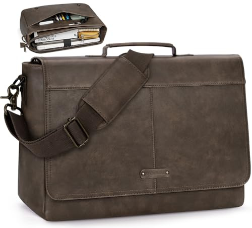 RAINSMORE Vintage Flap Messenger Bag for Men PU Vegan Leather Laptop Bag 15.6 Inch Waterproof Mens Briefcase Retro Computer Bag for Work College Office Travel Satchel Bag Men Wood