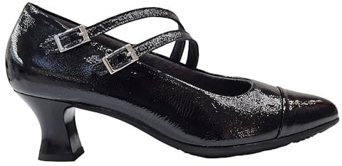 PITILLOS - Mercedita Tipo Mary Jane,Tira con Cierre de Hebilla Doble,Bailarina de Piel,Charol,con Brillo,tacón para: Mujer Color: Negro Talla:38