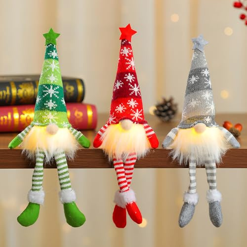 XEERUN 3PCS Light Up Gnome Christmas Decoration, Christmas Gonks with Light, Handmade Swedish Santa Gnome with Knitted Hat, Gonk Elf christmas for Indoor Decoration, Holiday Party Decorations (3PCS)