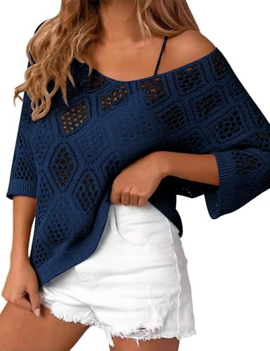 LOMON Womens 3/4 Sleeve Crochet Tops Summer V Neck Beach Cover Ups