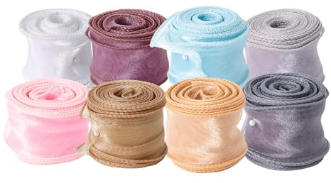 8 rotoli di nastro organza scintillante in 8 colori, 4cm x 9m, chiffon glitter, nastro trasparente per confezioni regalo, decorazioni matrimonio, bouquet fiori, fai da te, lavoretti creativi, decorazi