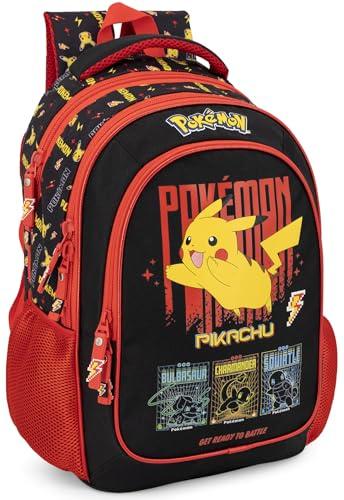 Clondo Barnryggsäck för grundskolan 43 x 33 x 20 cm – flera fickor – ergonomiskt ryggstöd, vadderade axelremmar, vattenflaskfickor, stor kapacitet och lysande design, pokemon retro