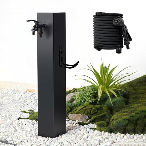 Stainless Steel Garden Water Column Fountain, Decorative Hydrant Water Dispenser with Hook & Spray Gun, 31.5in Irrigation Post for Outdoor Decor (Black)