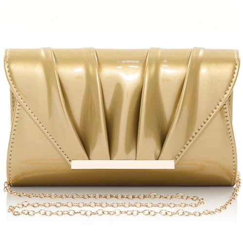 Toptime Clutch Purses for Women, Pleated Leather Evening Bag with Detachable Chain, Shimmer Envelope Crossbody Gold Clutch for Formal, Stylish Patent Women's Handbags for Wedding Party Prom