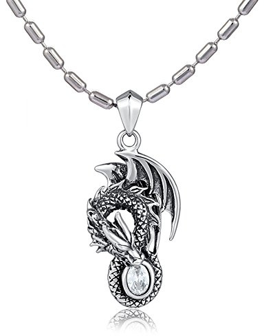 DonDon Collar para hombre de 55 cm con colgante de dragón de acero inoxidable con piedra blanca, se envía en bolsa de terciopelo, Acero inoxidable, Circonia cúbica