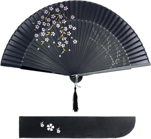 Dazone Eventail Style Japonais Motif de Sakura Éventail en Lin et Bambou Mini Ventilateur à Pompons pour Théâtre Mariage Cadeau Fête Halloween Noël Décoration et Femme Homme Enfant Noir