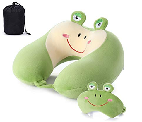 GLITZFAS Memory Foam Reisekissen Kinder Nackenkissen Niedliche Tierform Nackenhörnchen Kopfstütze Baby Reise Schlafkissen mit Augenabdeckung Aufbewahrungstasche (Frosch)
