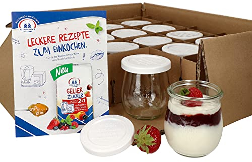 MamboCat 12er Set Weckgläser mit Frischhaltedeckel 220 ml I Original Weck Tulpenglas Joghurtglas, Dessertglas I Einweckgläser mit Deckel für Kuchen Gelees inkl. Diamant-Zucker Gelierzauber Rezeptheft