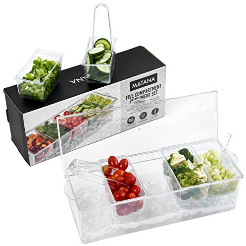 MATANA Distributeur à Condiments avec 5 Récipients Amovibles, Chambre à Glace, 3 Cuillères & 3 Pinces - Fruits, Garniture de Pizza, Cocktail - Accessoire de Bar