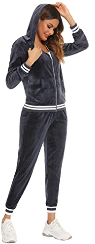 Enjyam Damträningsdress i velour, mysig Nicki-hemmadress, tvådelad joggingdress i mjuk sammet med ribbad jacka med dragkedja och byxor med ficka, GRÅ, S