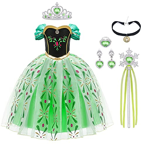 URAQT Princesse Costume, Princesse Robe avec Baguette et Couronne, Filles Princesse Costume Habillage, Déguisements pour Filles Fête d'Anniversaire Halloween Noël Cosplay,120CM