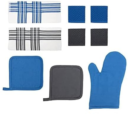 Chicago Metallic 9-Piece Kitchen Textile Set - Includes Oven Mitt, Pot Holders, Dish Cloths, Kitchen Towels (Blue/White/Gray), Versatile Essentials for Safe Cooking & Easy Cleanup