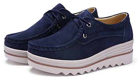 Veroders Women's Suede Platform Loafers Slip-On Comfortable Penny Wedge Loafers Thick Soft Walking Shoes for Dressy Casual Work 3089 Blue 37