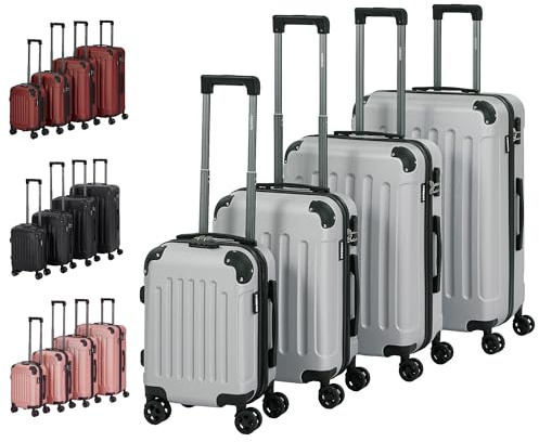 Arebos 4tlg. Hartschalenkofferset I ABS-Hartschale I Trolley Kofferset I Reisekoffer mit Teleskopgriff I Inkl. Reißverschluss-Schloss, 360° Rollen I Reisekofferset S-M-L-XL | Silber