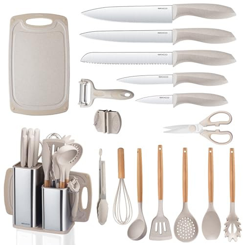RAXCO Set de couteaux de cuisine avec bloc, 18 pièces d'ustensiles de cuisine avec 5 couteaux et 7 spatules en silicone