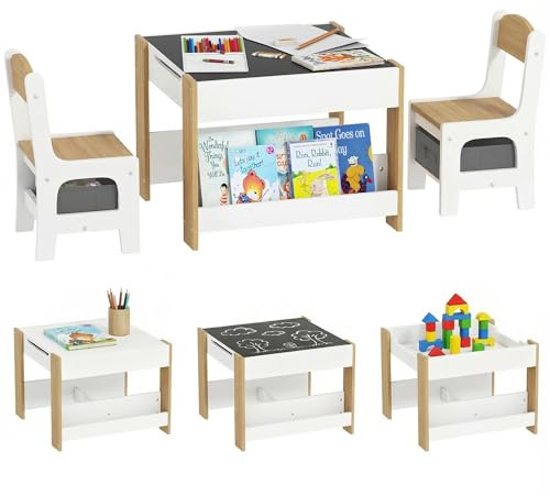 HOMCOM Juego de Mesa y 2 Sillas Infantiles Mesa con Sillas para Niños 3 en 1 con Pizarra Cajones de Tela y Espacio de Almacenamiento para Guardería Sala de Juegos Blanco y Natural