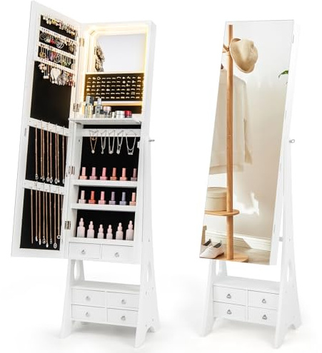 COSTWAY 3-Color LED Lights Jewellery Cabinet, Freestanding Jewelry Armoire with Full Length Mirror, Large Storage and Foldable Shelf, 3-Angle Adjustable Bedroom Jewellery Organiser Unit (White)
